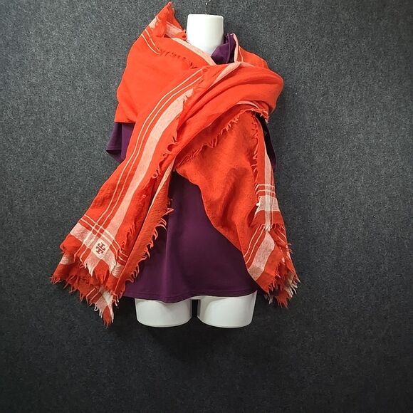 TORY BURCH Style 51155115 Sz 32" x 80"  Wool Scarf POPPY ORANGE 619 MSRP $195 - Picture 7 of 9